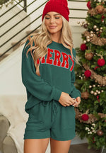 MERRY Round Neck Long Sleeve Top and Shorts Lounge Set - Ladyez