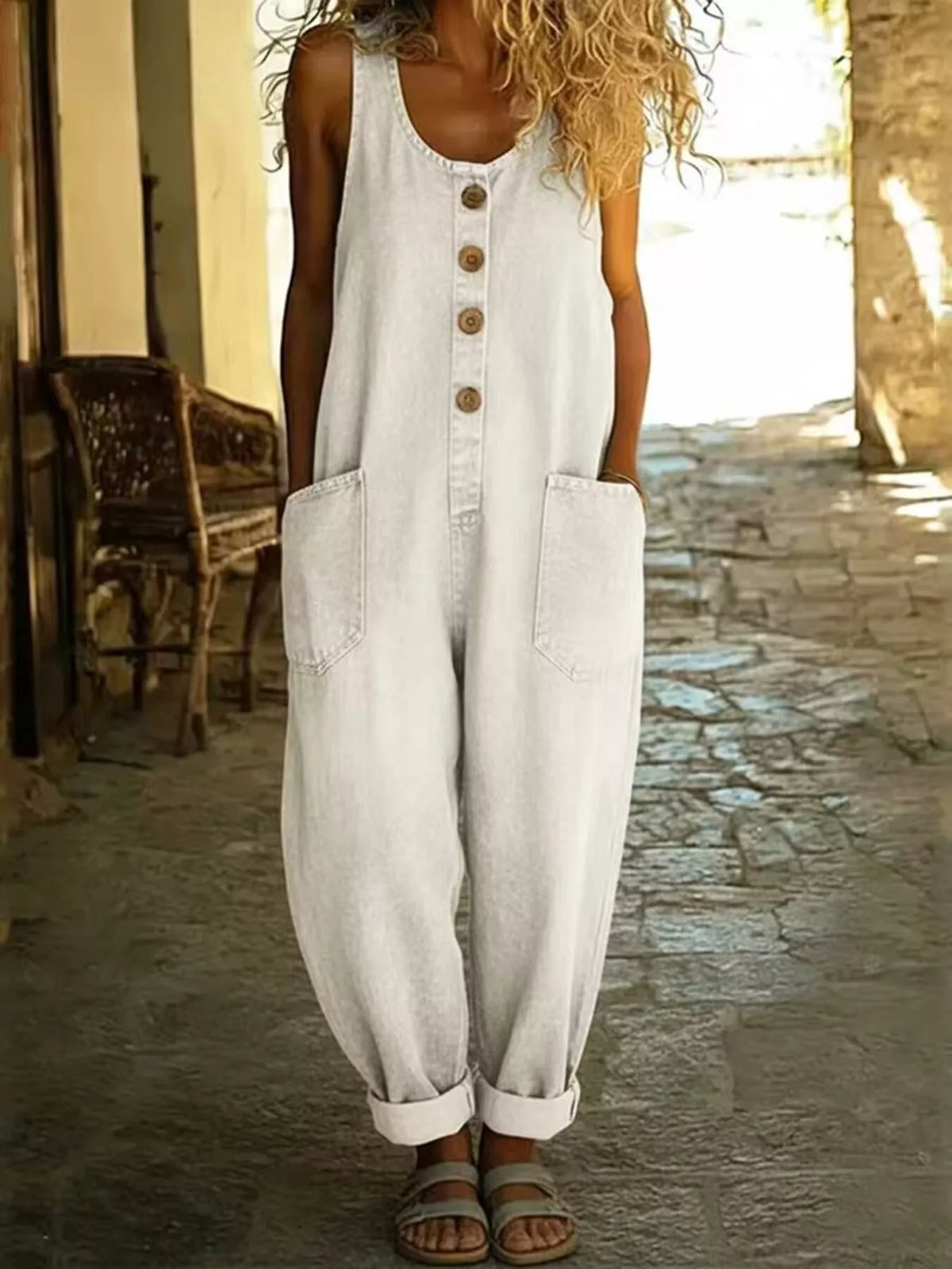 Full Size Button Detail Wide Strap Jumpsuit Plus Size