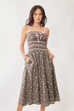Davi & Dani Contrast Velvet Tape Smocking Bodice Midi Dress