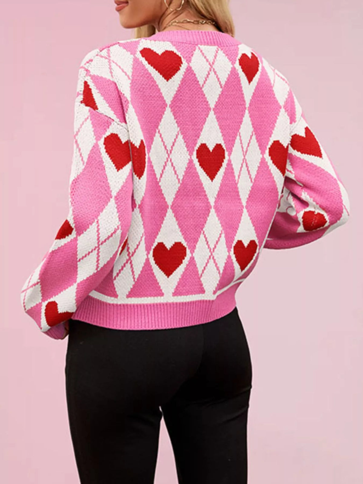 Argyle Heart Pattern Button-Up Knit Cardigan