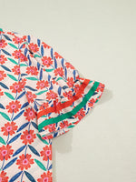 Floral Print Striped Detail V Neck Ruffled Short Sleeve Blouse