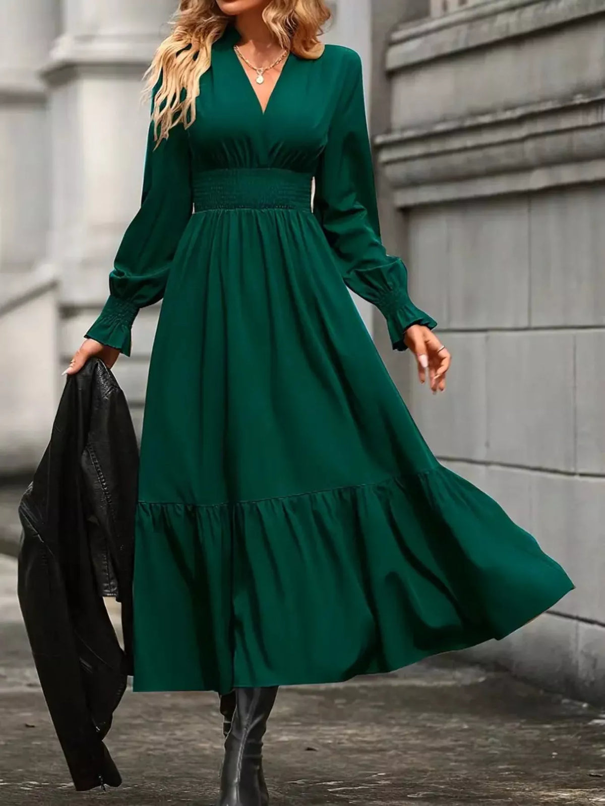 Surplice Long Sleeve Tiered Midi Dress