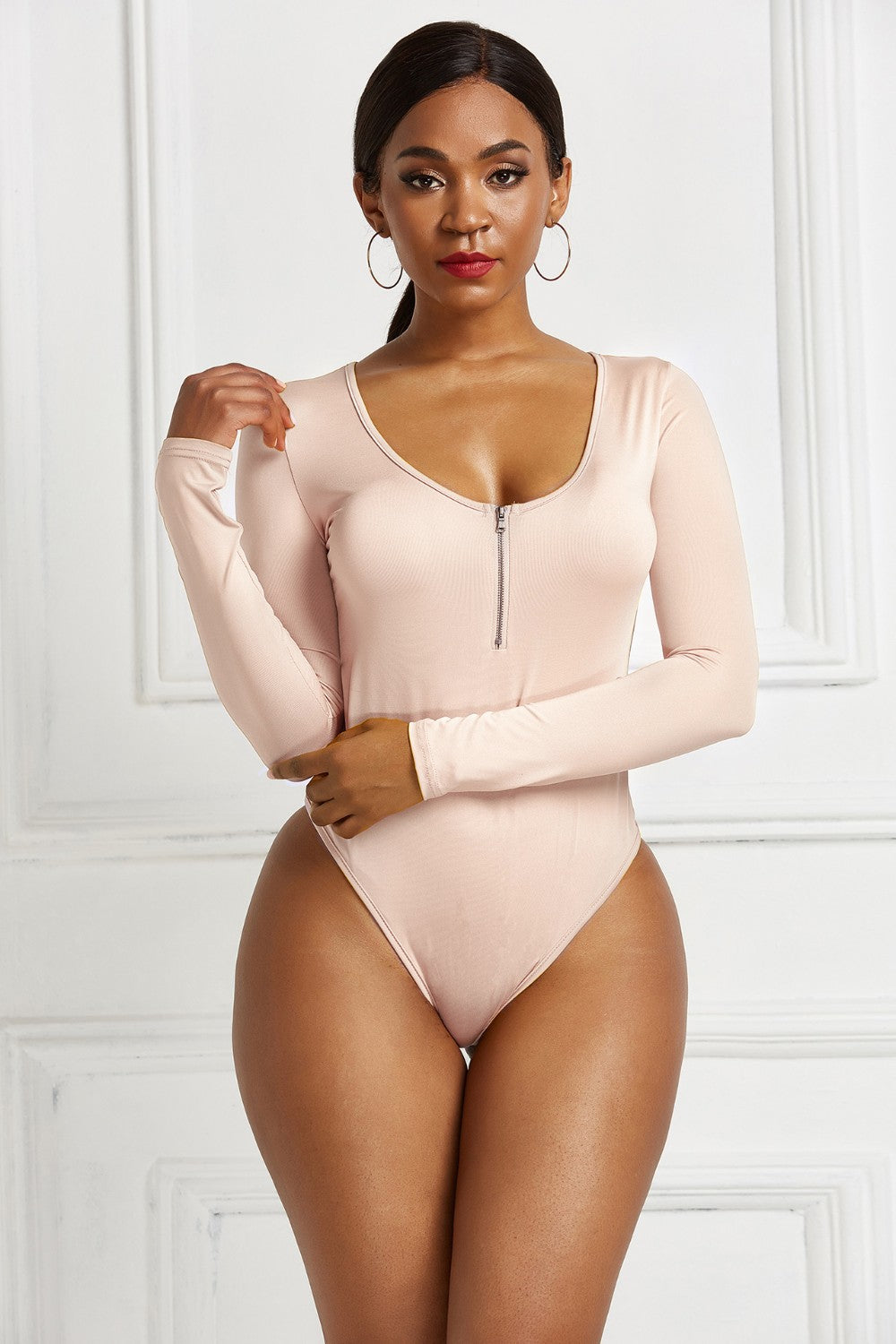 Half Zip Scoop Neck Long Sleeve Bodysuit - Ladyez