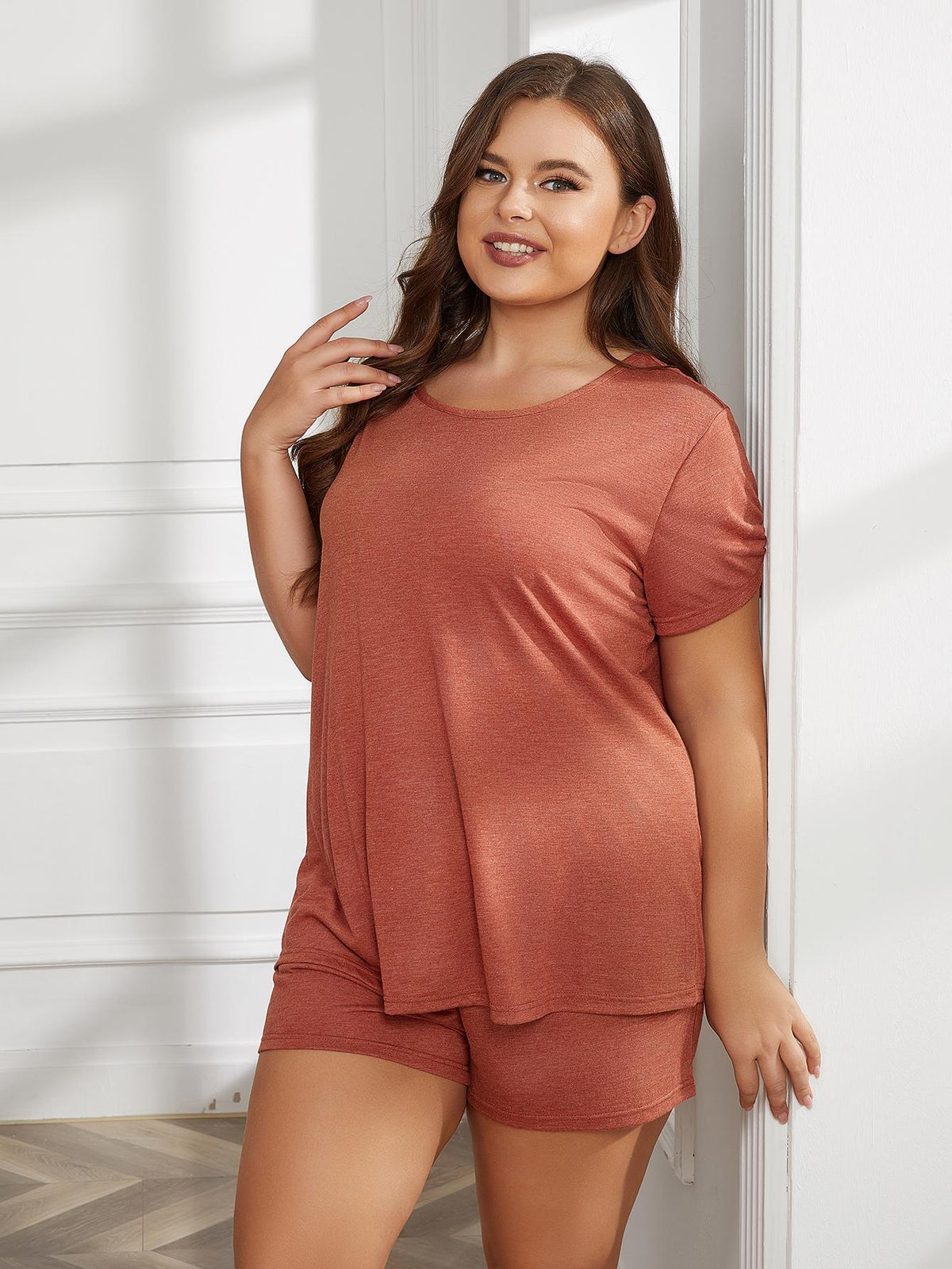 Plus Size Round Neck Short Sleeve Two-Piece Loungewear Set - Ladyez