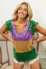 BiBi Mardi Gras Sequin Color Block RuffledTop