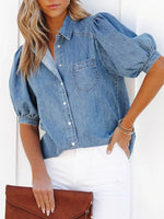 Puff Sleeve Button-Down Denim Top