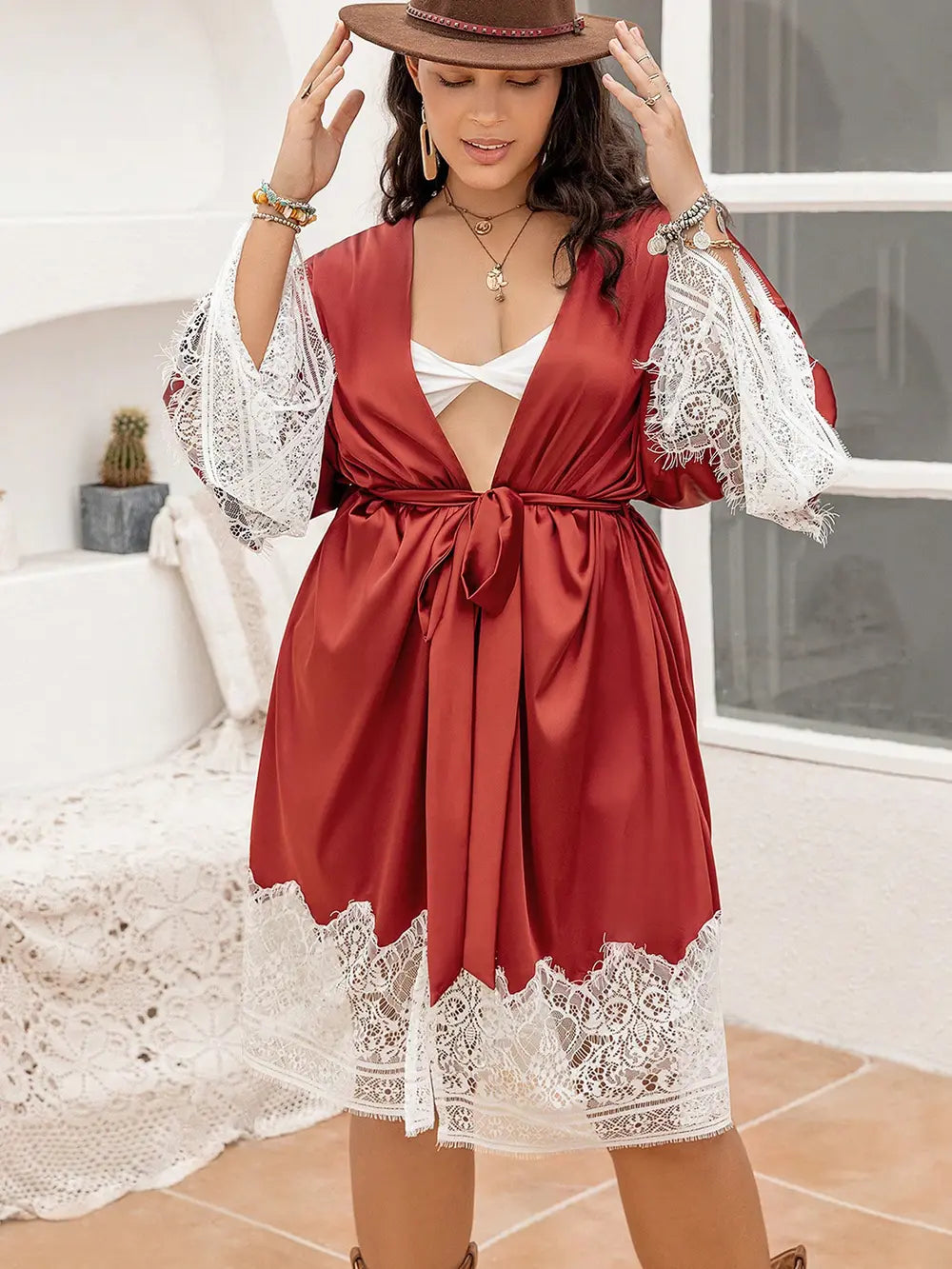 Plus Size Lace Patchwork Tie Front Robe - Ladyez