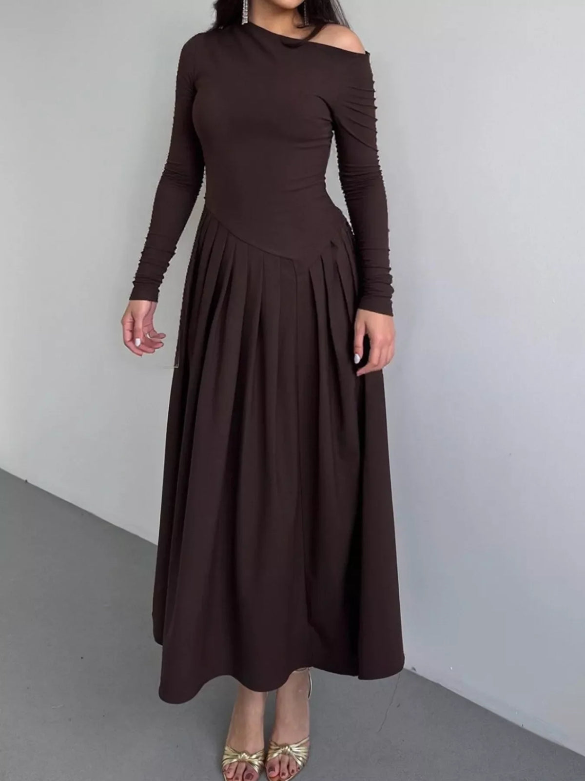 Ruched One Shoulder Long Sleeve Dress