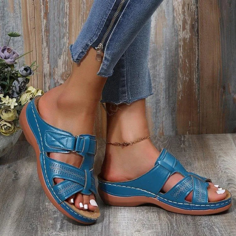 Cutout Leather Wedge Sandals