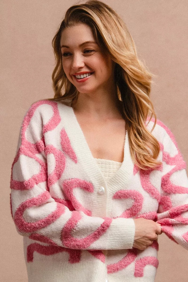 BiBi Textured Heart Buttoned V Neck Cardigan