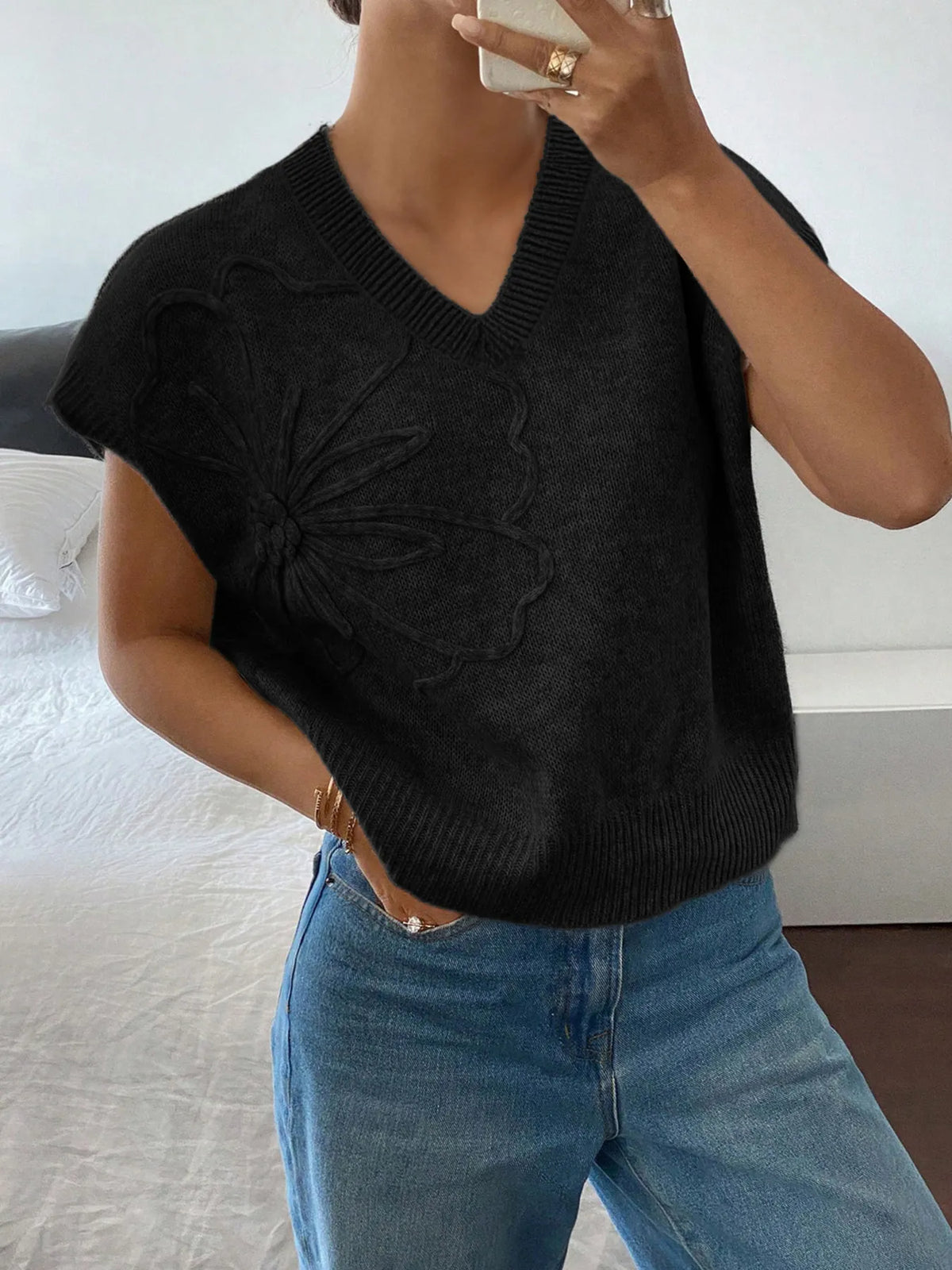 Ribbed Hem V-Neck Short Sleeve Sweater