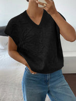 Ribbed Hem V-Neck Short Sleeve Sweater