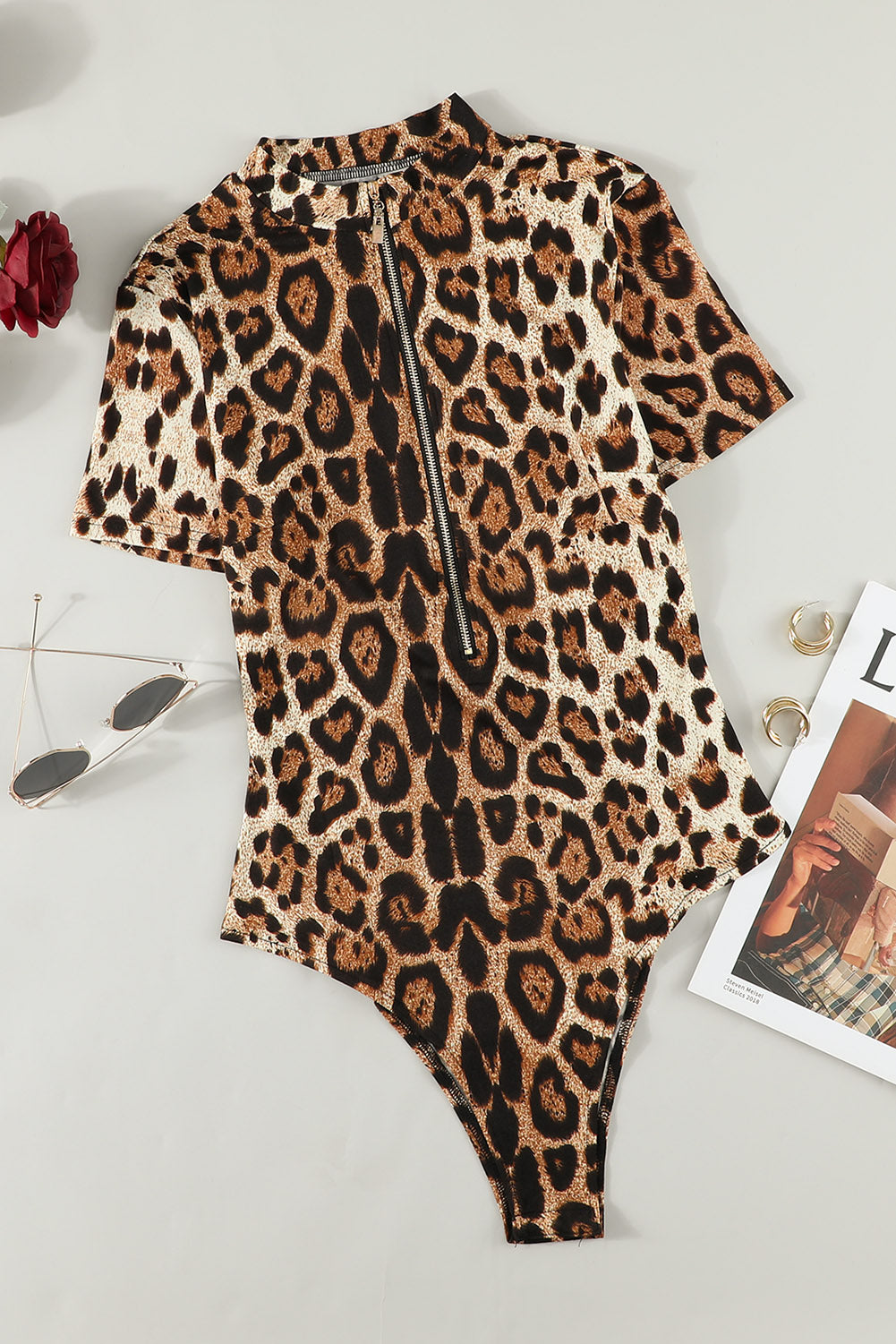 Leopard Half Zip Short Sleeve Bodysuit - Ladyez