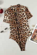 Leopard Half Zip Short Sleeve Bodysuit - Ladyez