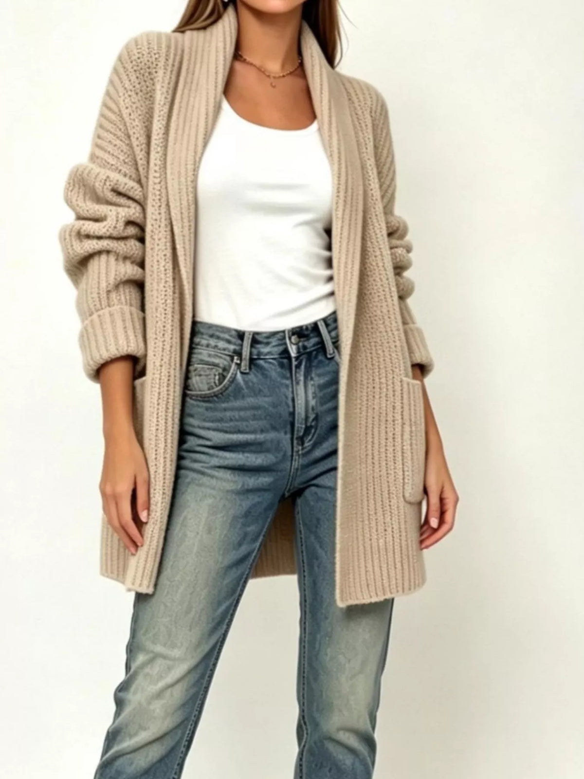 Full Size Open-Front Cardigan with Pockets Plus Size