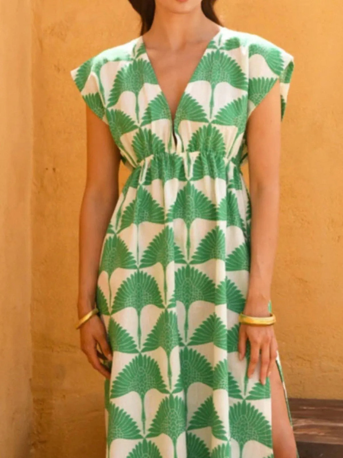 Slit Printed V-Neck Cap Sleeve Maxi Dress - Ladyez