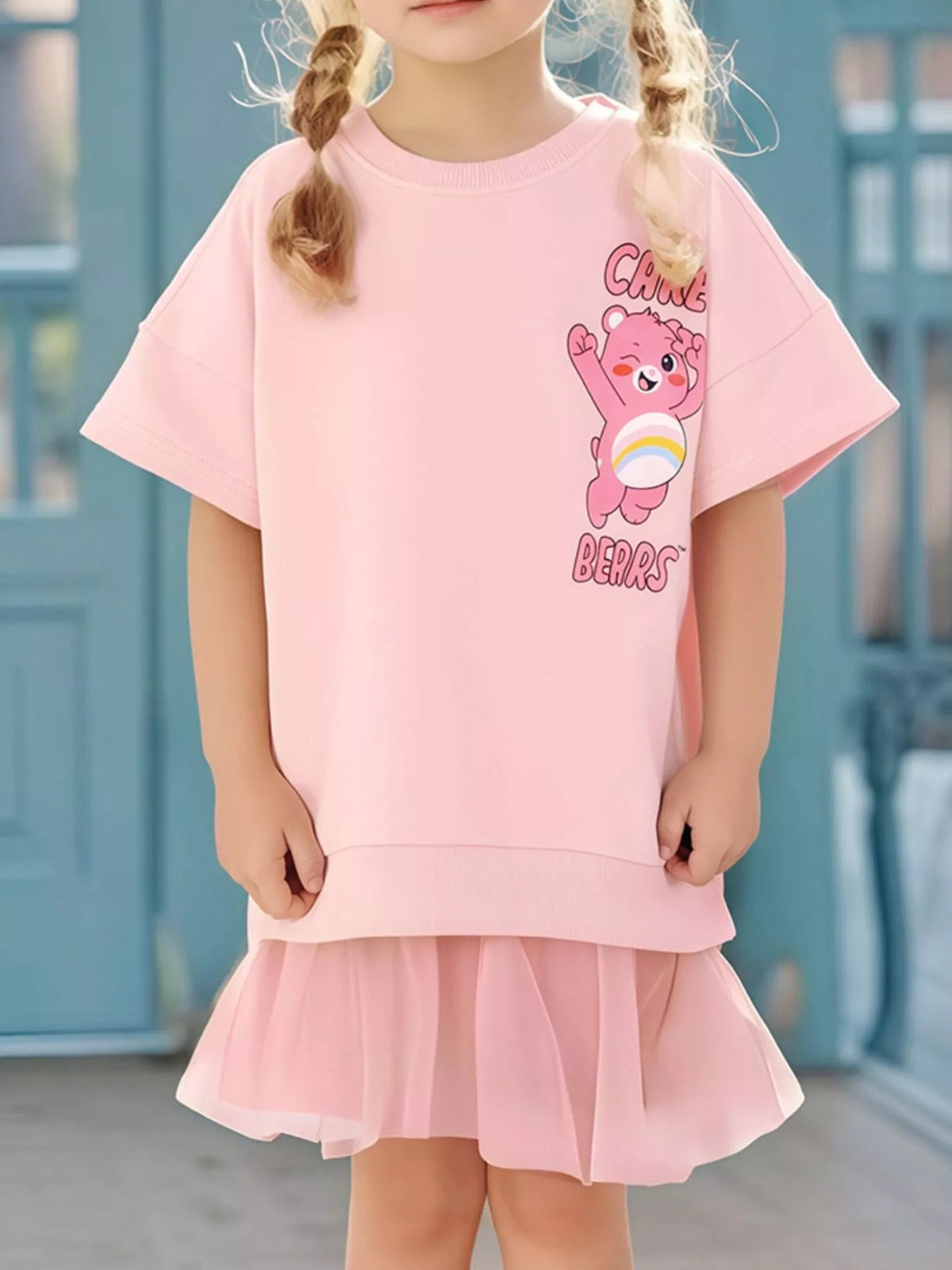 Children's Bear Graphic Short Sleeve Sweatshirt Dress
