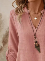 Casual Notched Roll-Up Sleeve Pocket Blouse
