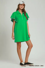 Umgee Half Zip Ruffle Rib Band Butterfy Sleeve Mini Dress with Pockets