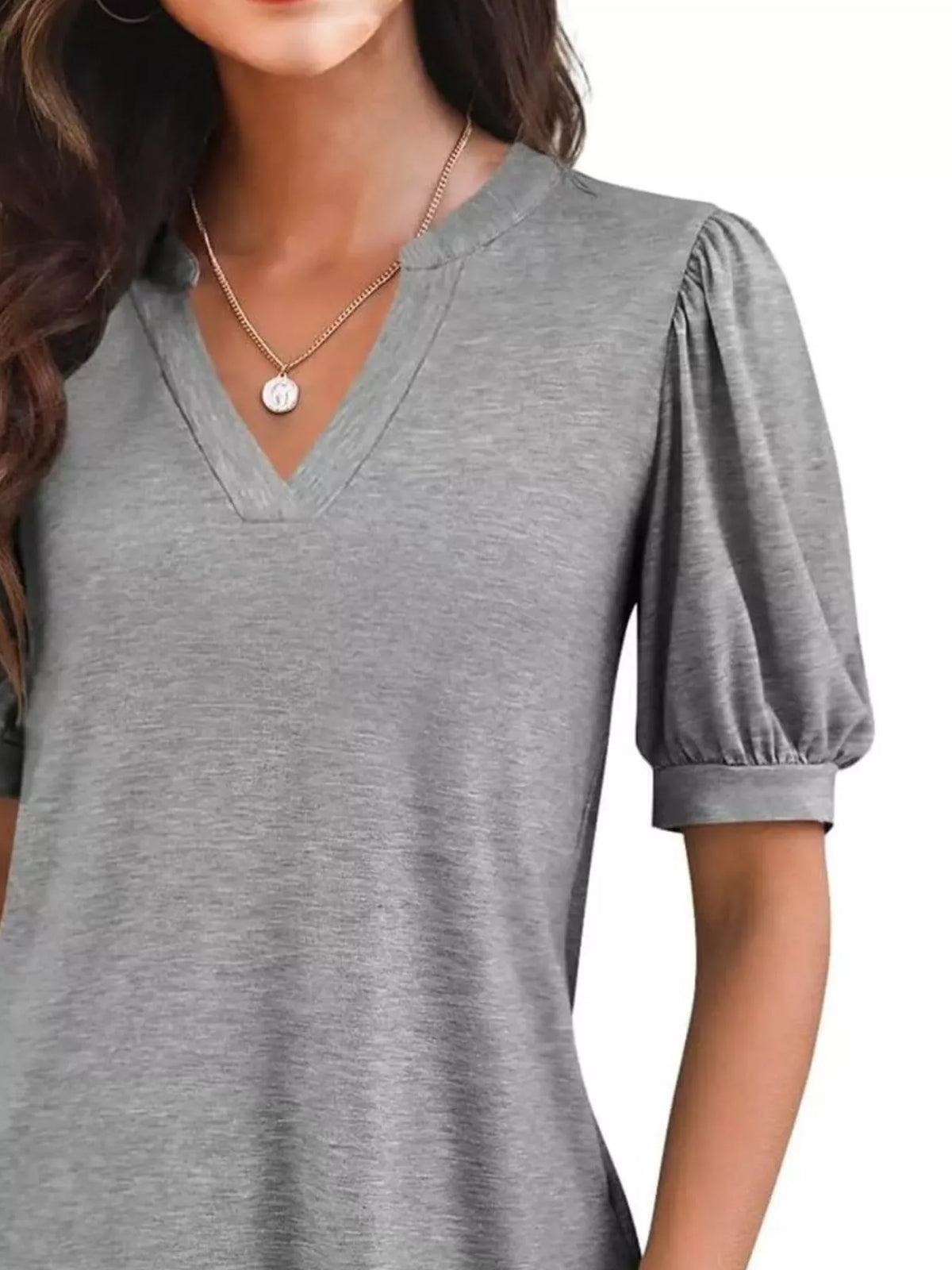 Puff Sleeve Notched Casual T-Shirt