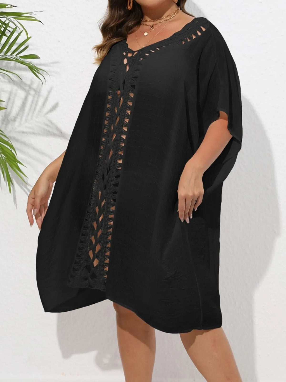 Crochet Trim V-Neck Beach Cover Up Dress - Ladyez