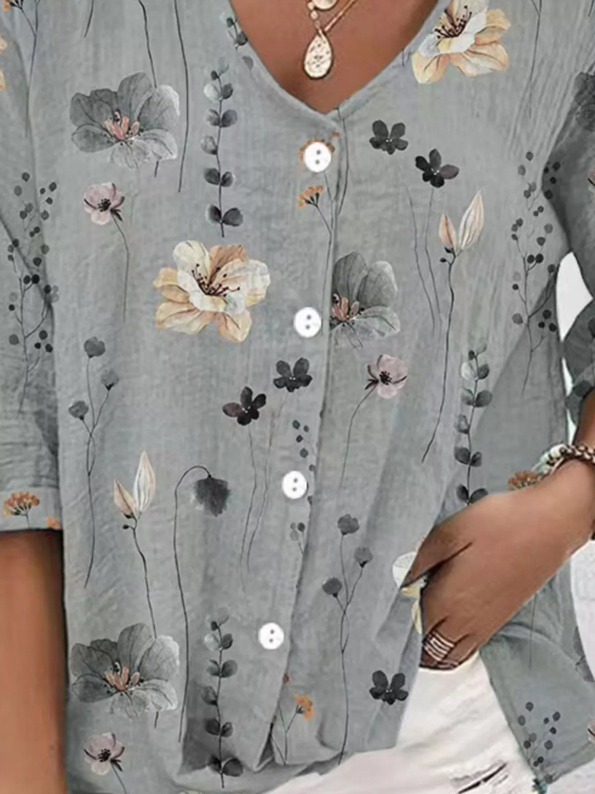 Floral Print V-Neck Button-Down Shirt
