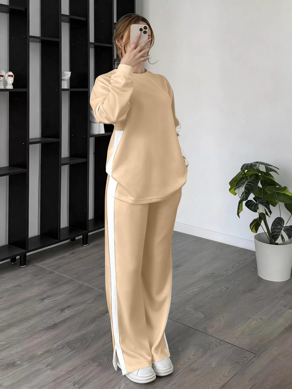 Full Size Contrast Round Neck Top and Pants Set Plus Size