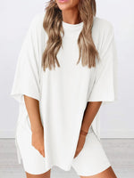 Full Size Oversized Slit Round Neck Top and Shorts Lounge Set Plus Size - Ladyez
