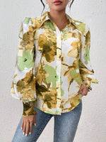 Printed Button Up Lantern Sleeve Shirt