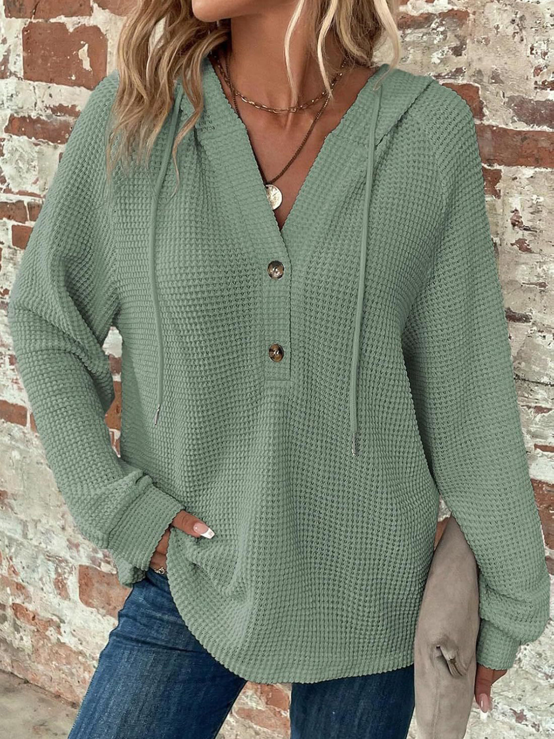 Waffle Knit Long Sleeve Drawstring Hooded Top - Ladyez