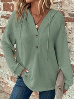 Waffle Knit Long Sleeve Drawstring Hooded Top - Ladyez