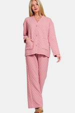Zenana Quilted Button Up Long Sleeve Top and Pants Lounge Set - Ladyez