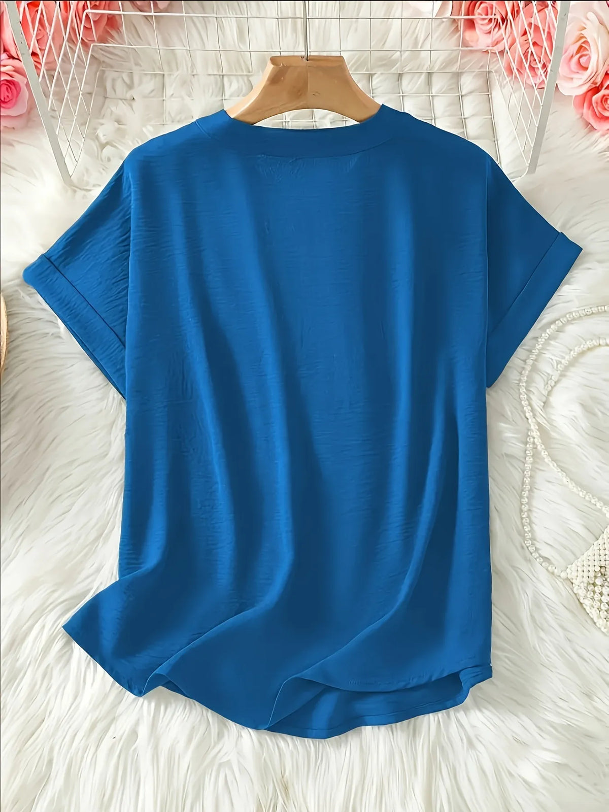 Casual Notched Short Sleeve Blouse - Ladyez