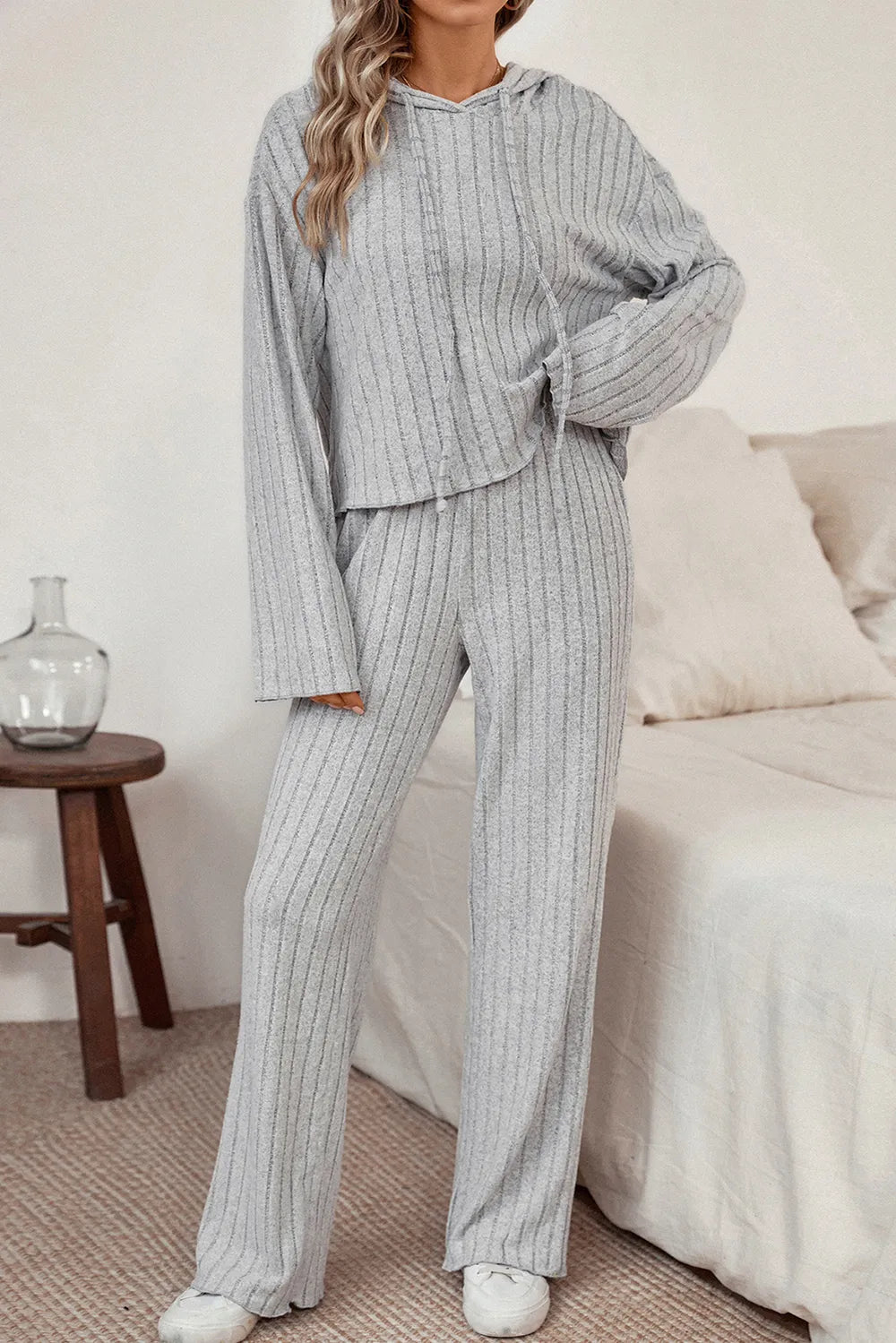 Ribbed Drawstring Hoodie and Pants Lounge Set - Ladyez