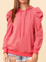 Striped Puff Sleeve Hoodie with Drawstring