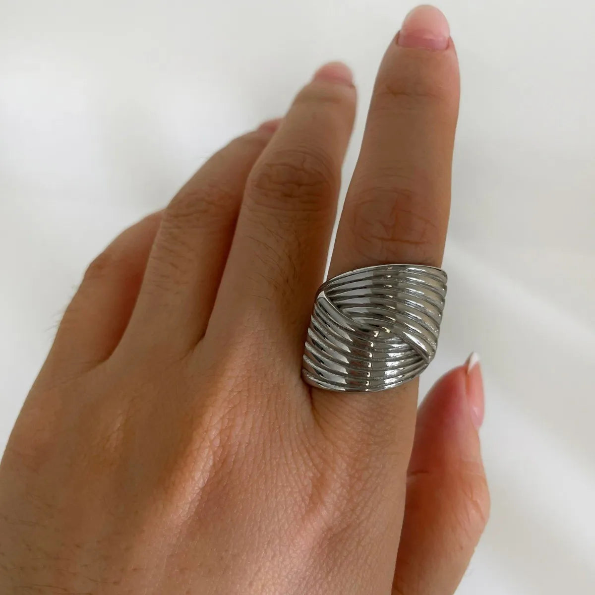 2-Piece Stainless Steel Textured Wave Ring - Ladyez