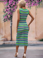 Striped Round Neck Sleeveless Midi Cover Up Dress - Ladyez