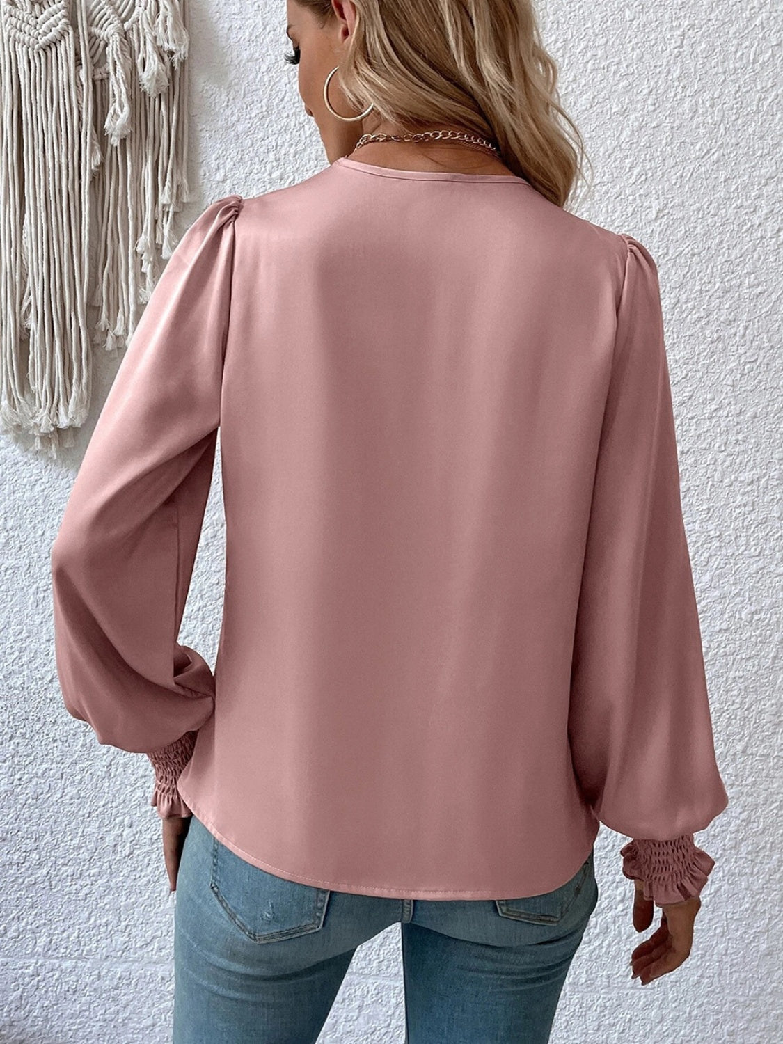 Surplice Smocked Lantern Sleeve Blouse - Ladyez