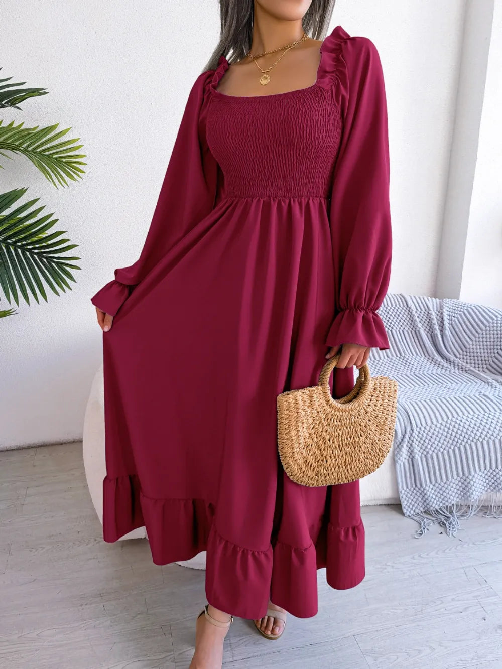 Smocked Square Neck Flounce Sleeve Dress - Ladyez