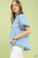 Umgee Textured Scallop Trim Puff Sleeve Blouse