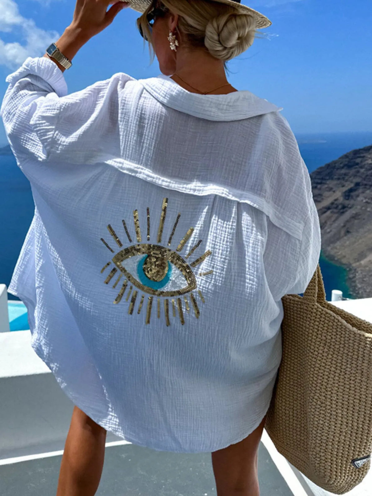Evil Eye Embroidered Oversized Shirt - Ladyez