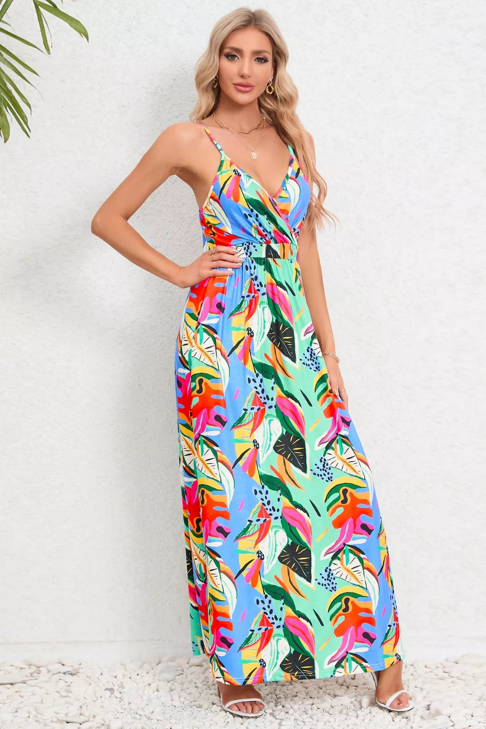 Printed Surplice Maxi Cami Dress - Ladyez