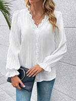 V-Neck Lace Detail Flounce Sleeve Blouse - Ladyez