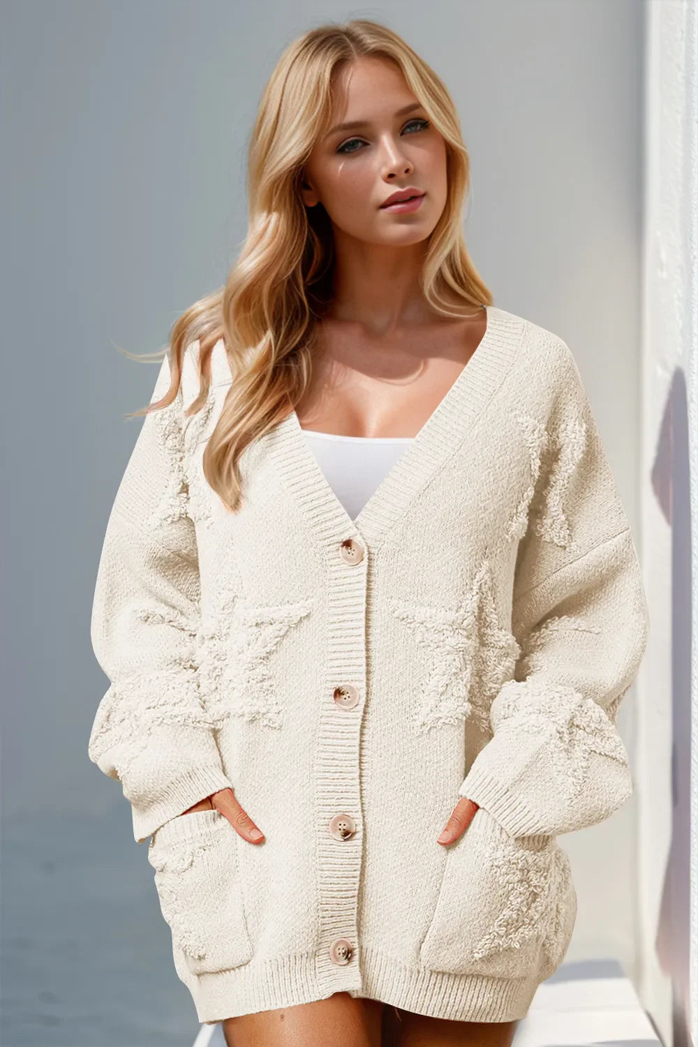 Double Take Full Size Button Up Star Pattern Cardigan
