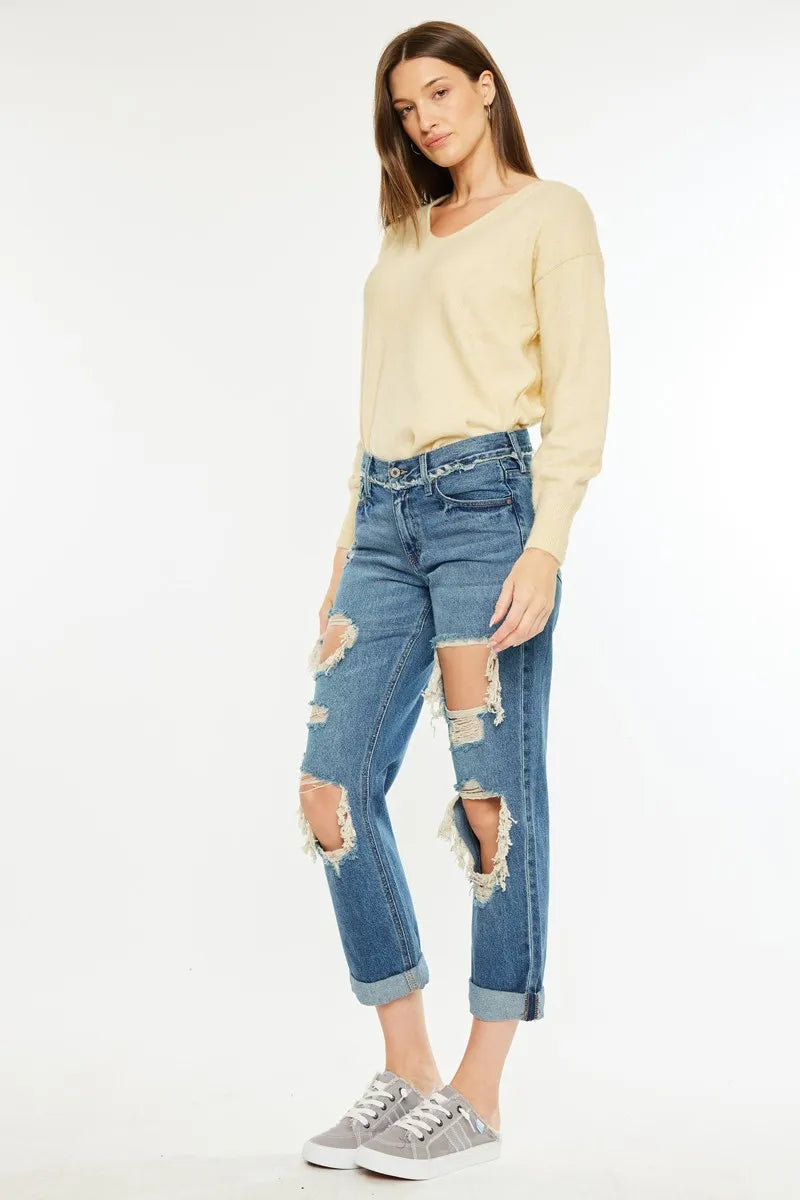 Kancan Distressed Mid Rise True Boyfriend Jeans - Ladyez