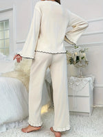 Contrast Trim Bow Tie Shirt and Pants Lounge Set - Ladyez