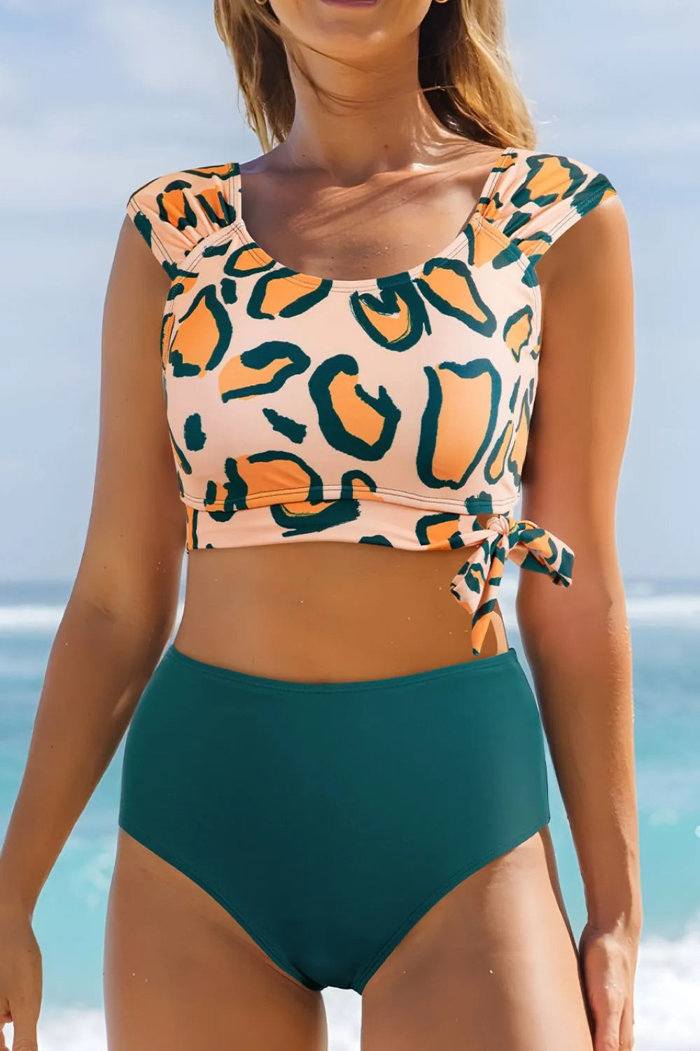Leopard Print U Neck Knotted High Waist Bikini Set - Ladyez