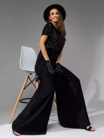 Full Size Sequin Short Sleeve Wide Leg Jumpsuit Plus Size