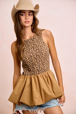 BiBi Rib Textured Leopard Sleeveless Bubble Peplum Top
