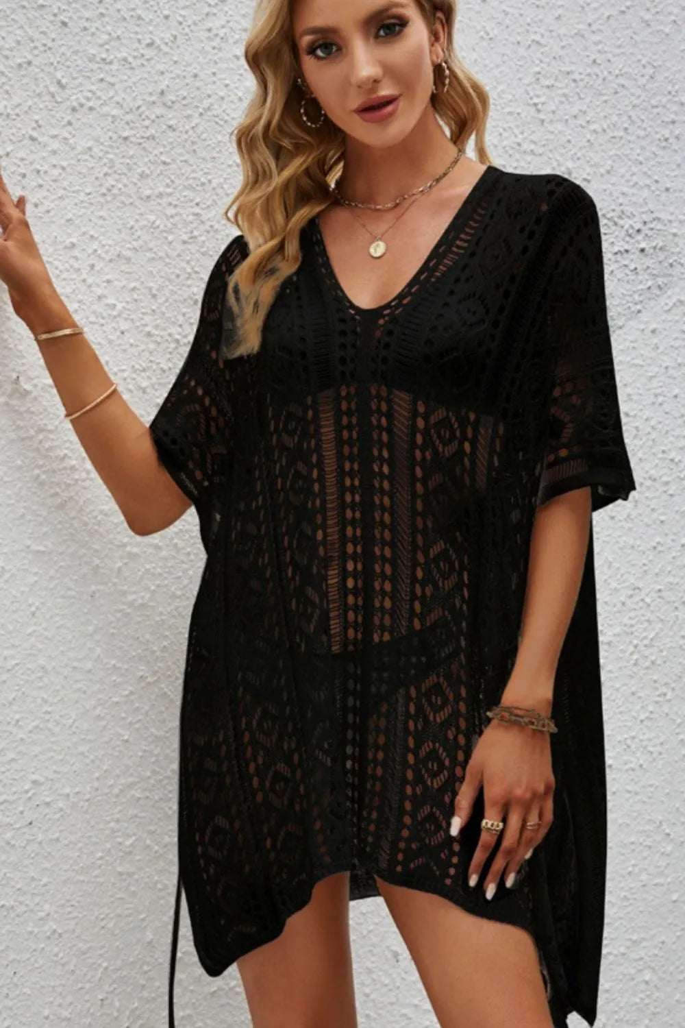 Openwork V-Neck Short Sleeve Cover Up - Ladyez